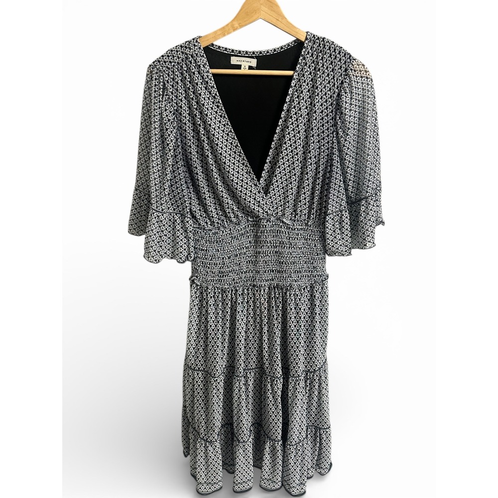 MAX STUDIO Geometric Print Smocked Waist Flutter Sleeve Midi Dress Womens
